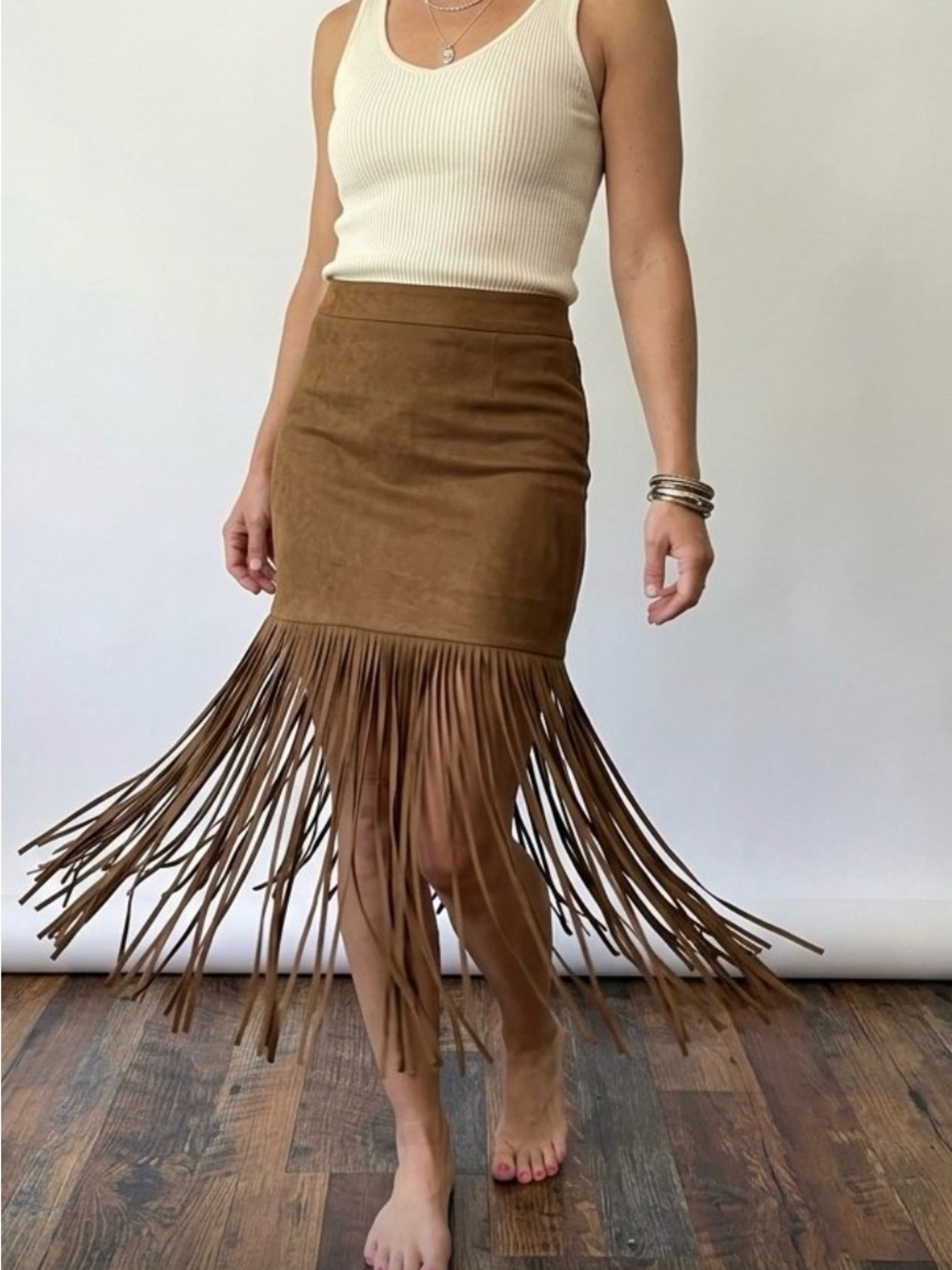 Boho Fringe Faux Suede Skirt Grace Elements Festival Size Medium